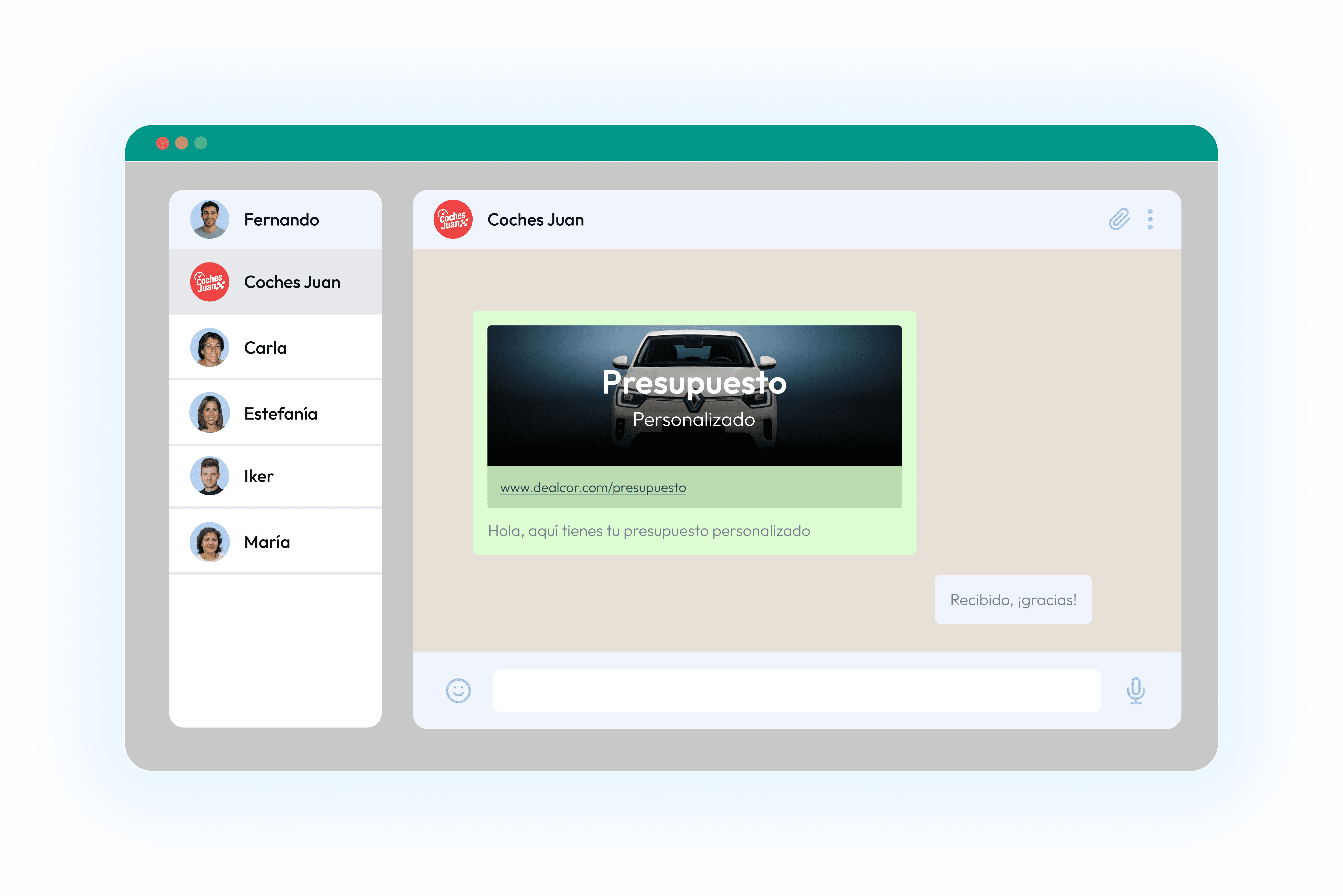WhatsApp-style interface with a car offer and text message.