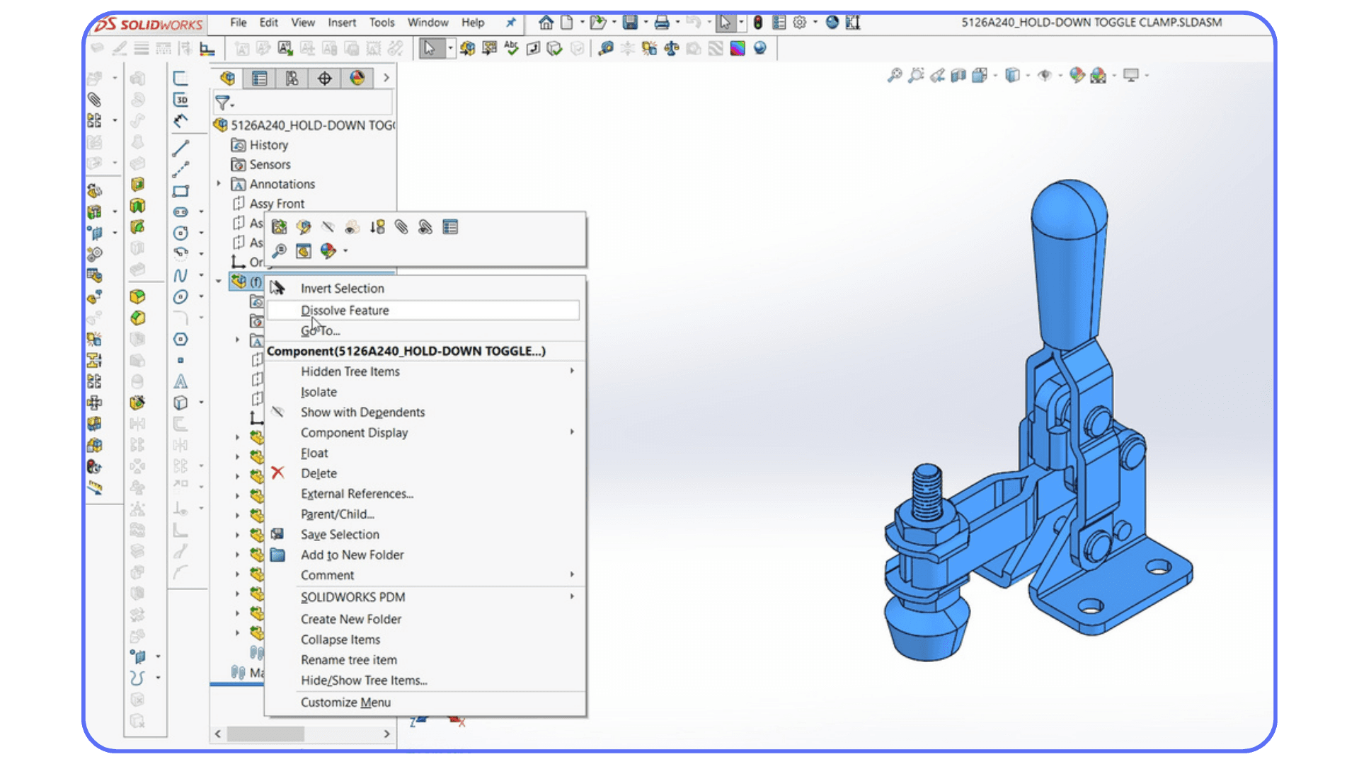 Right-click component menu in SolidWorks showing options on a highlighted toggle clamp assembly.