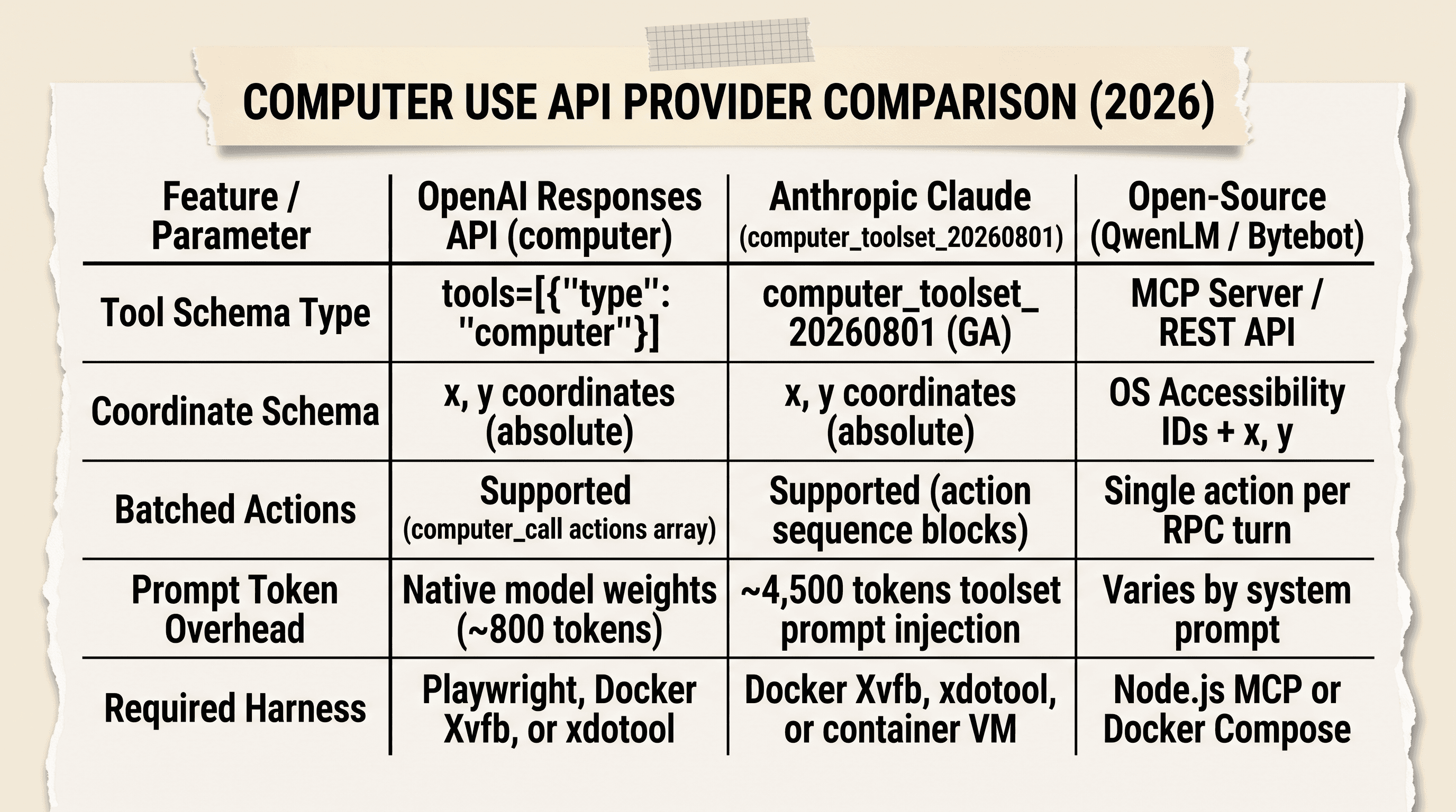 Side by side comparison table comparing OpenAI Responses API computer tool with Anthropic computer toolset and open source agents