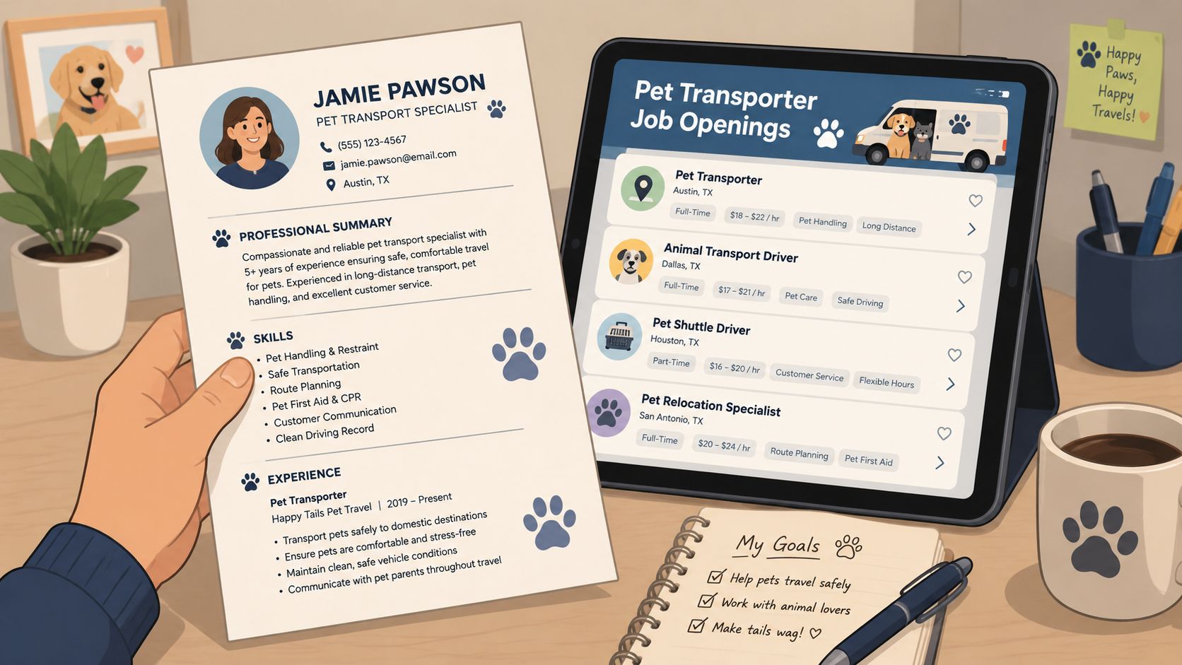 A pet transport specialist reviewing a professional resume alongside pet transporter job openings on a digital tablet.