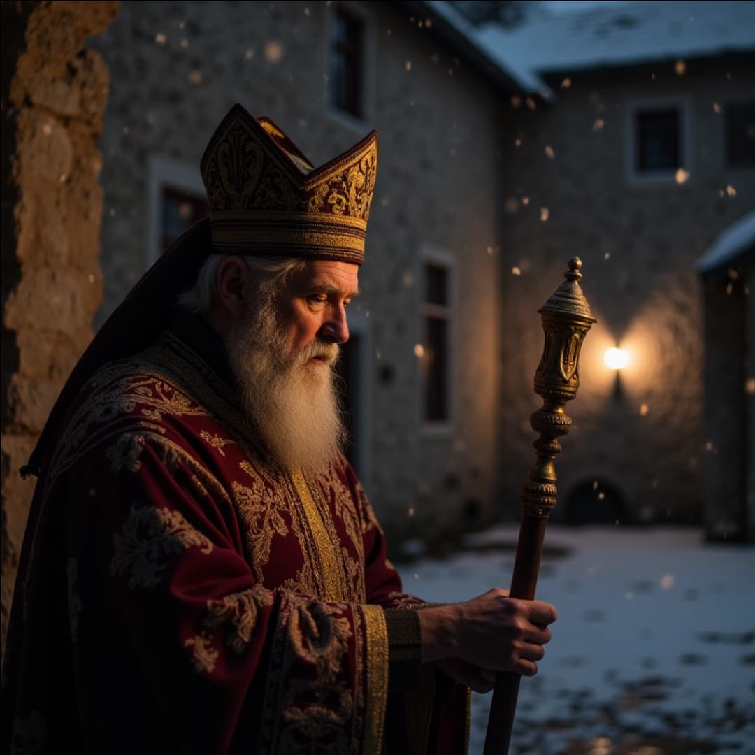 ein bild von jemanden der aussieht wie ein bischof, winter