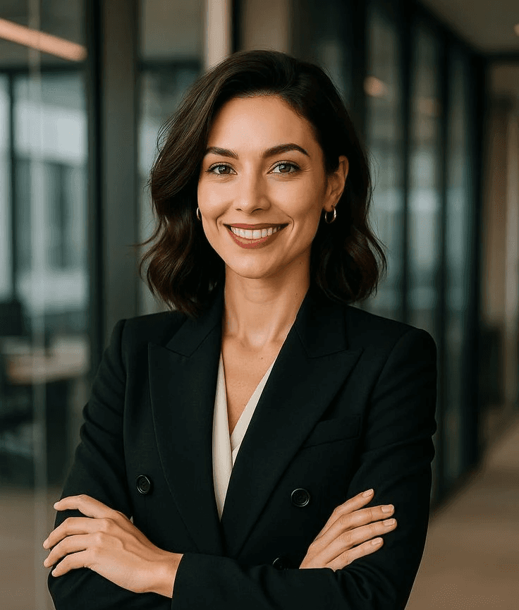 A confident woman with short brown hair smiles warmly, standing in a modern office corridor. She's wearing a black blazer, arms crossed, exuding professionalism.