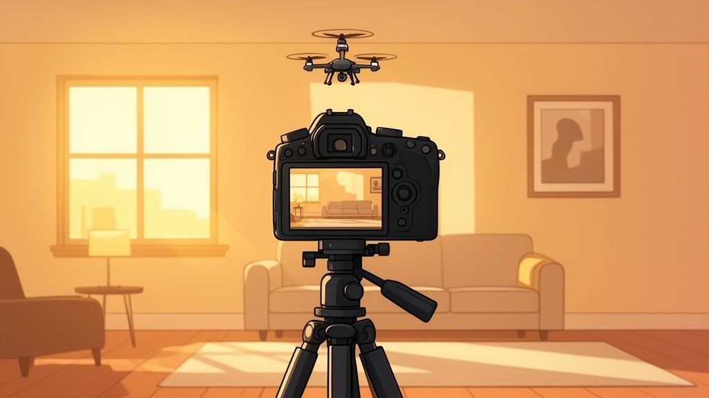 A camera on a tripod films a drone hovering above, capturing the sunlit living room interior.