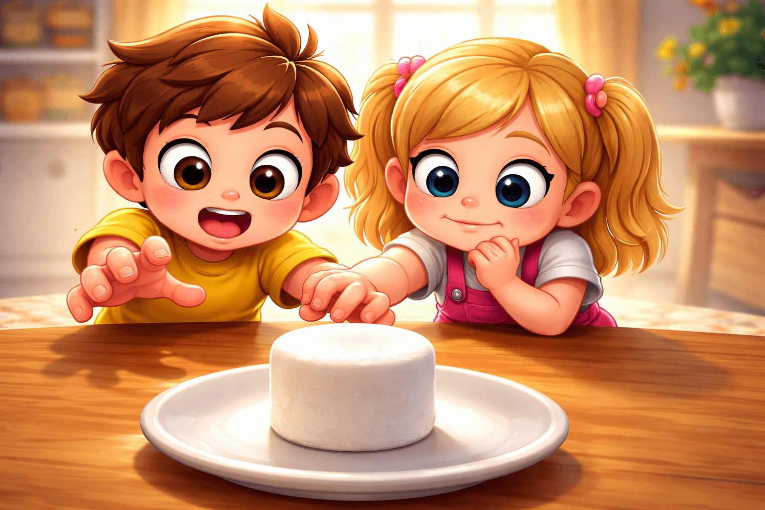 a large marshmallow with two kids eying it while while is reaching for it.