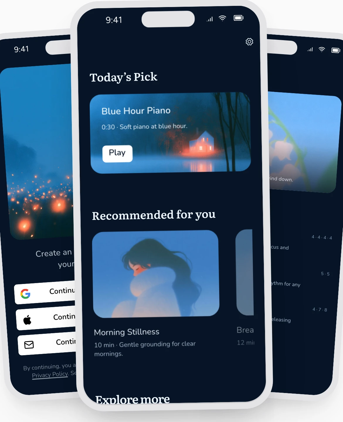 Luna meditation template showing its audio library and guided sessions