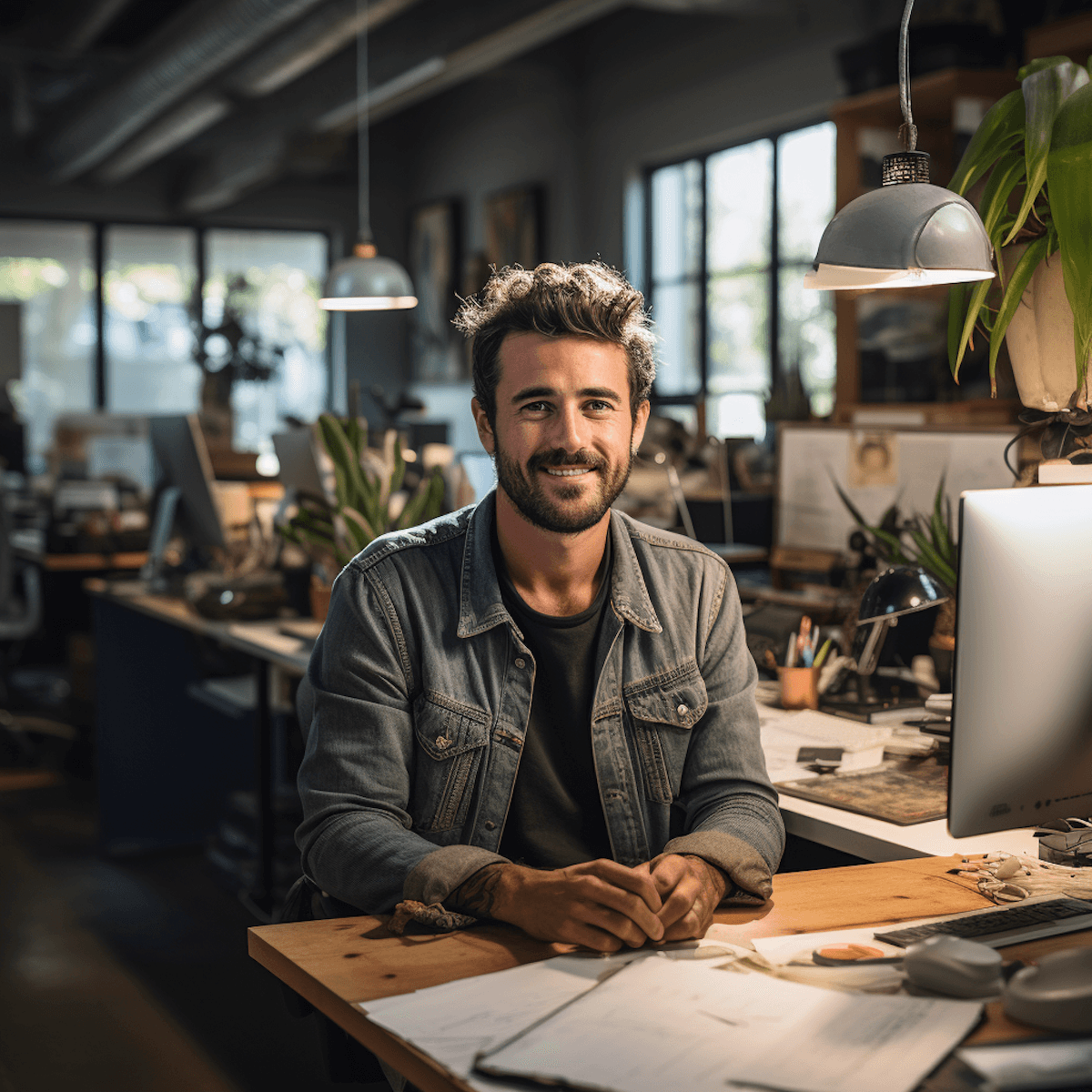 Man working on a laptop at a desk.