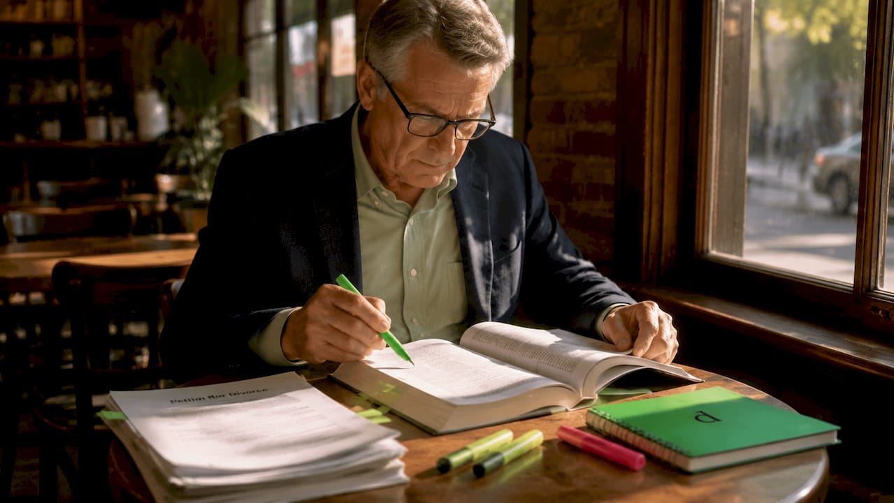 Man studying default divorce paperwork in law library