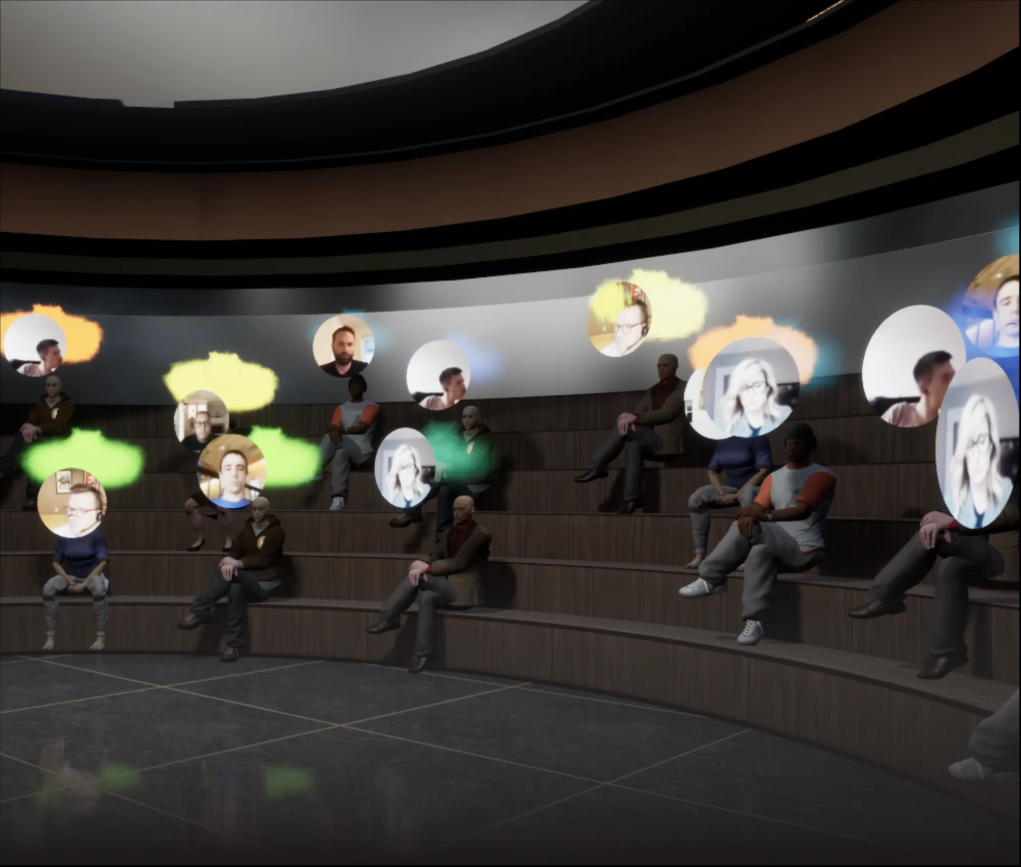 Virtual lecture hall with colored clouds above participants