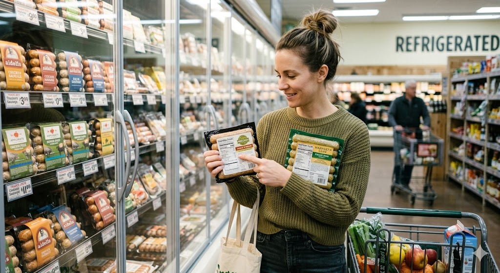 A smiling woman in a supermarket refrigerated aisle, holding and comparing two different packs of Aidells brand chicken sausages while looking at the label. She has a shopping cart filled with fresh produce and groceries next to her, and the background shows more sausage options.