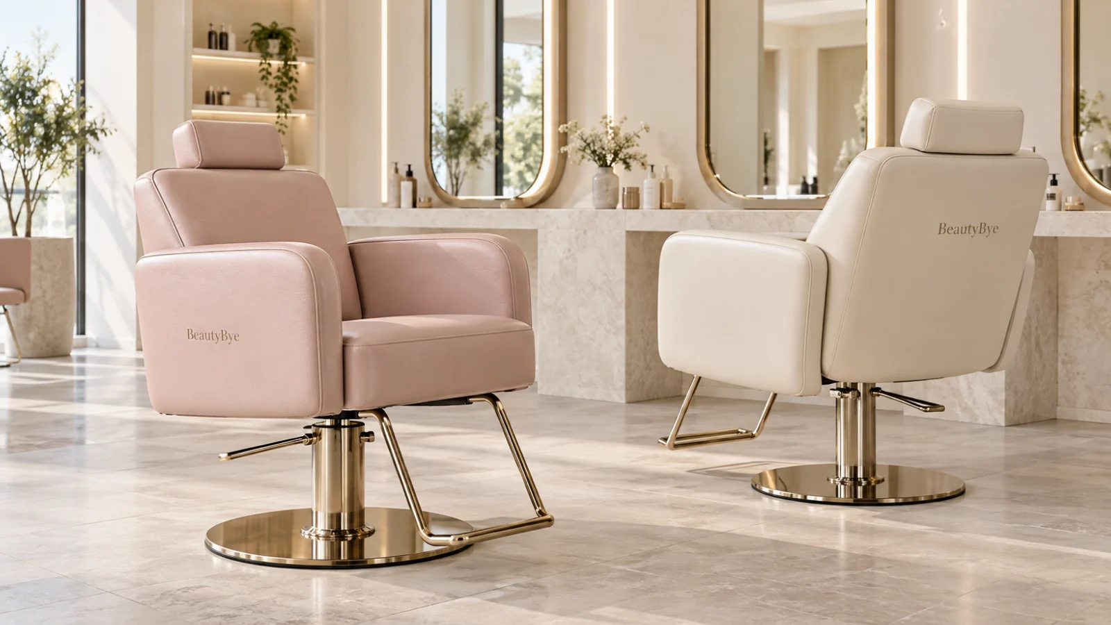 Two BeautyBye professional hydraulic styling chairs in a modern neutral salon
