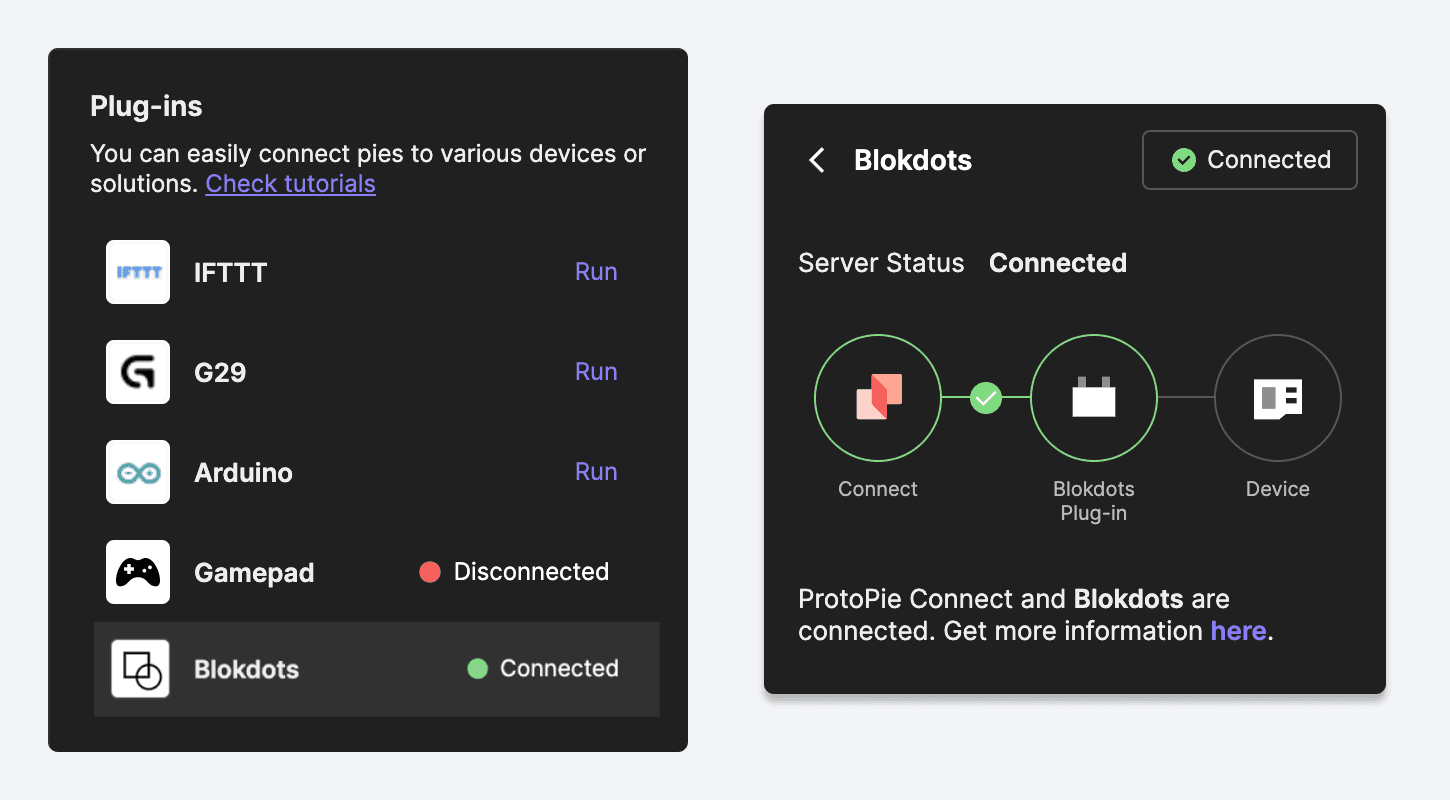 {'_type': 'localeString', 'en': 'blokdots plugin in connected mode.'}