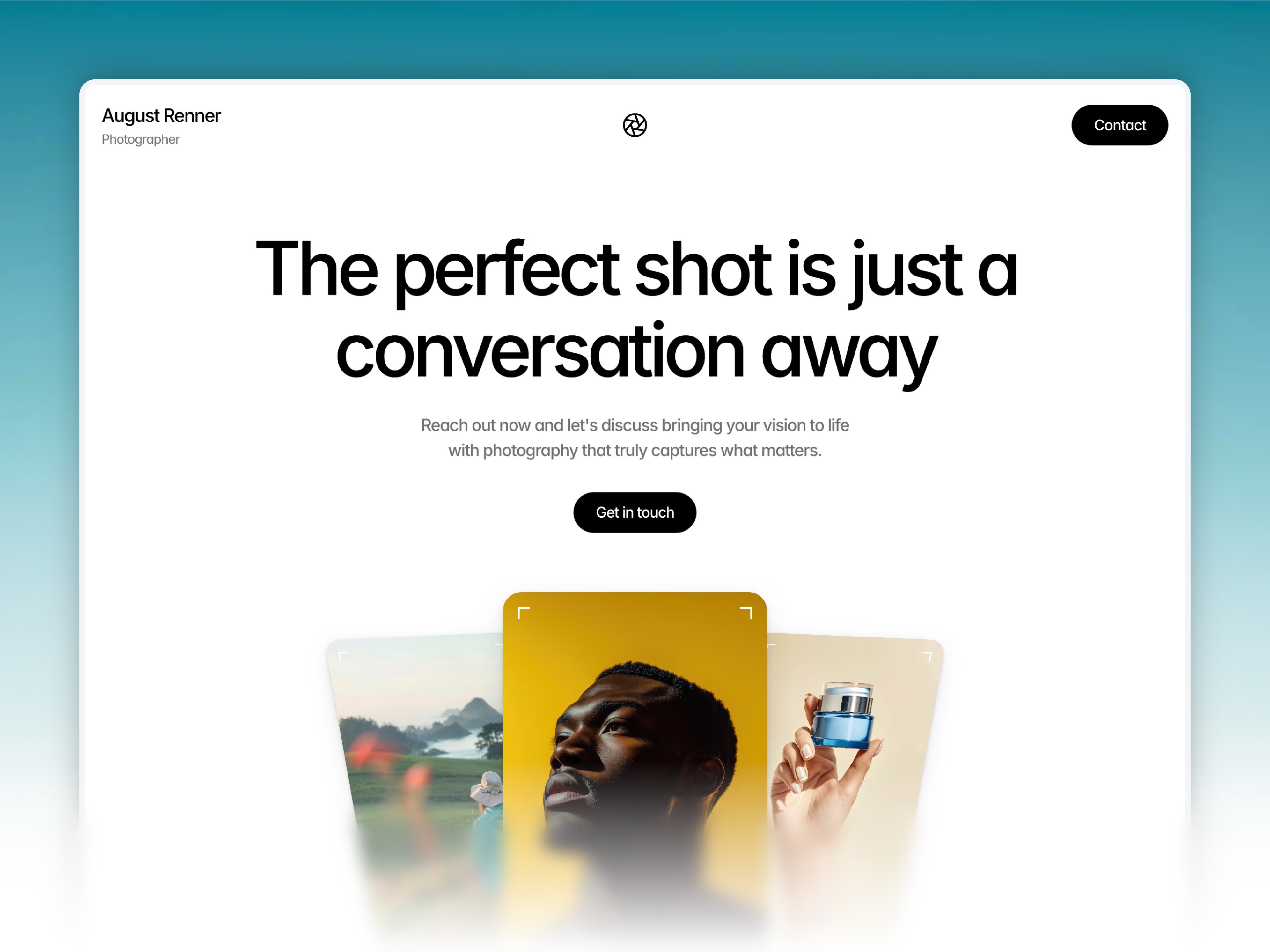 Website banner reading "The perfect shot is just a conversation away," with images in a yellow frame.