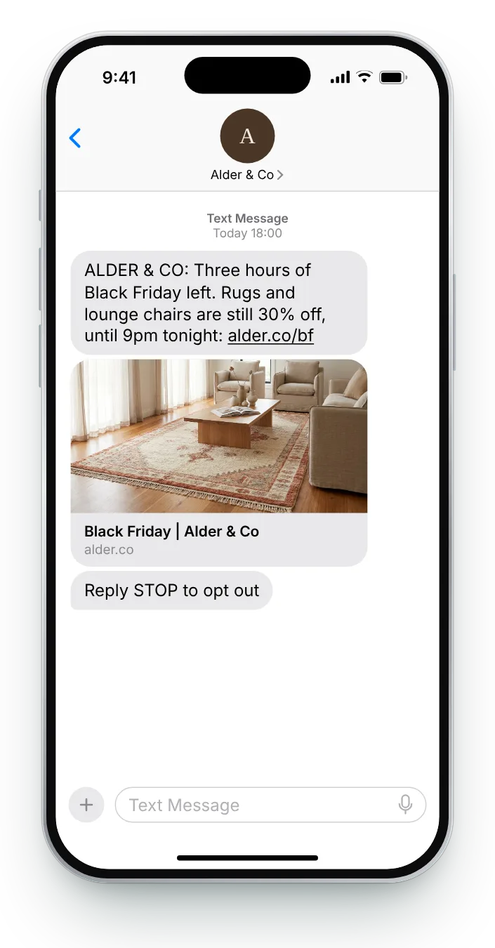 Three hours before the day ends Black Friday text on an iPhone