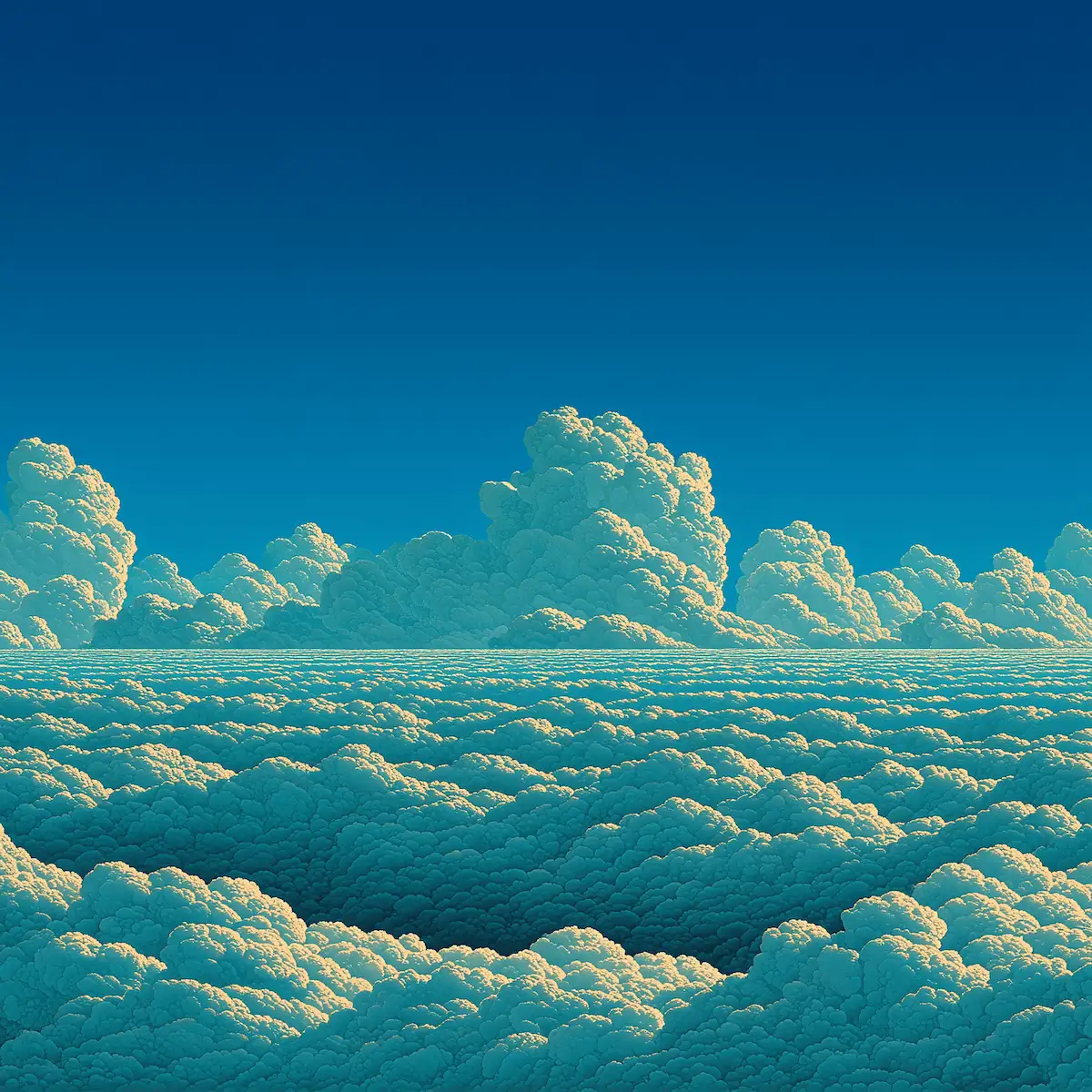 Vue panoramique en pixel art d'une mer de nuages moutonneux s'étendant à perte de vue sous un ciel bleu profond et dégagé.