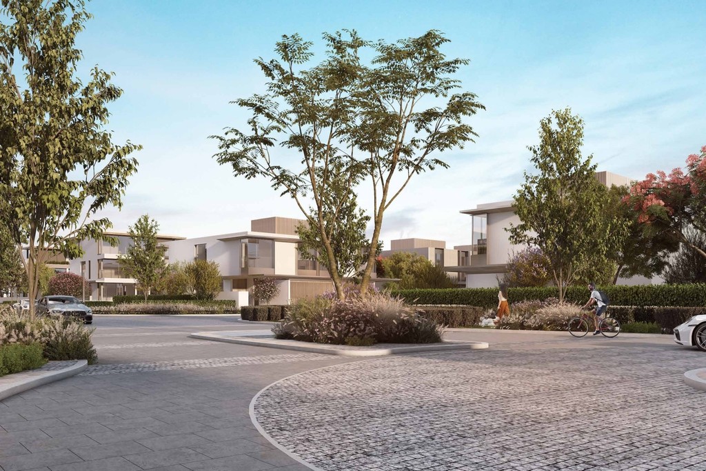 Artist's impression of Nad Al Sheba Gardens: new development in Dubai, modern architecture, green spaces.