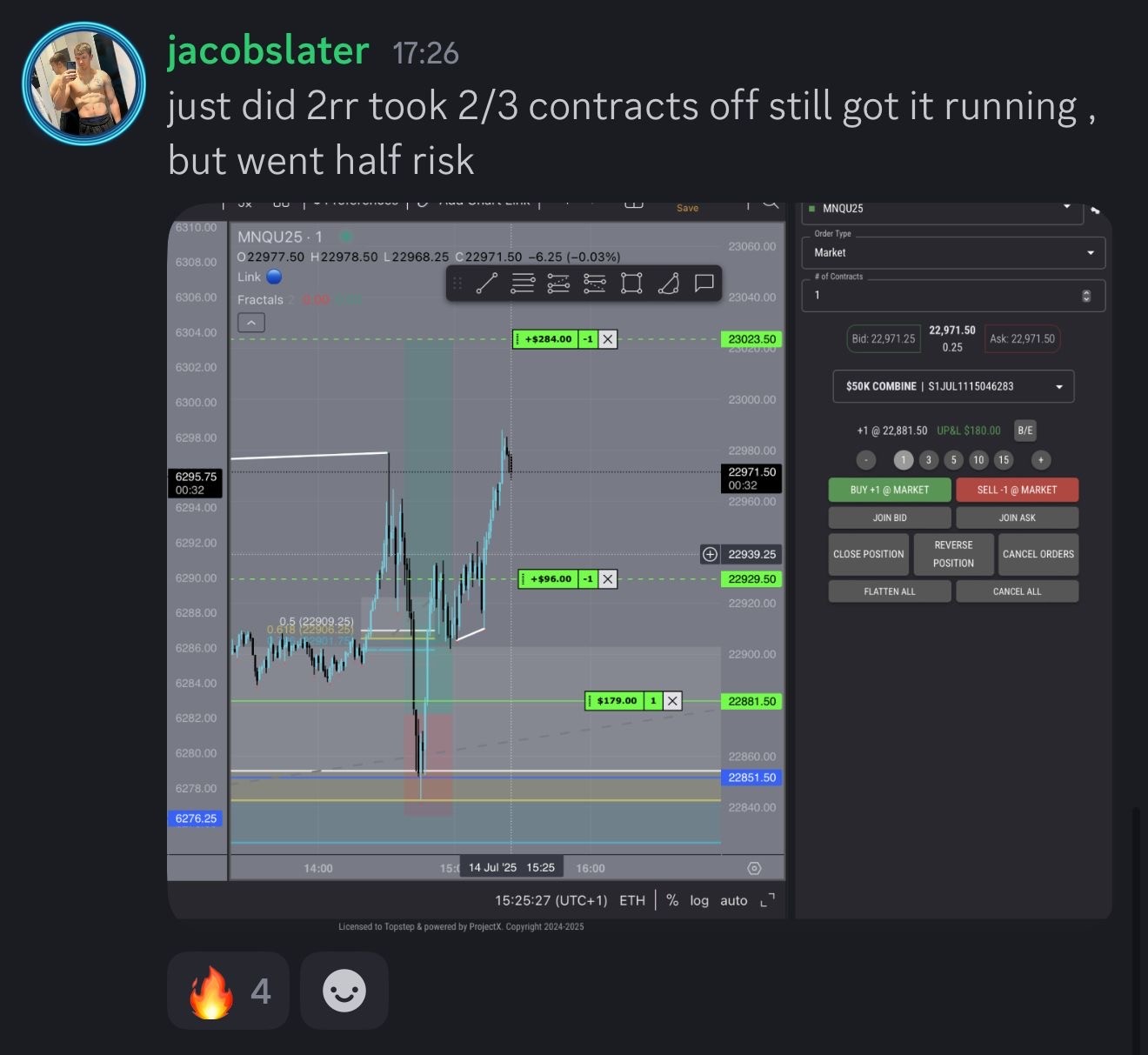 Discord screenshot of Evo X member Jacobblaster showing live trade with contracts running at half risk