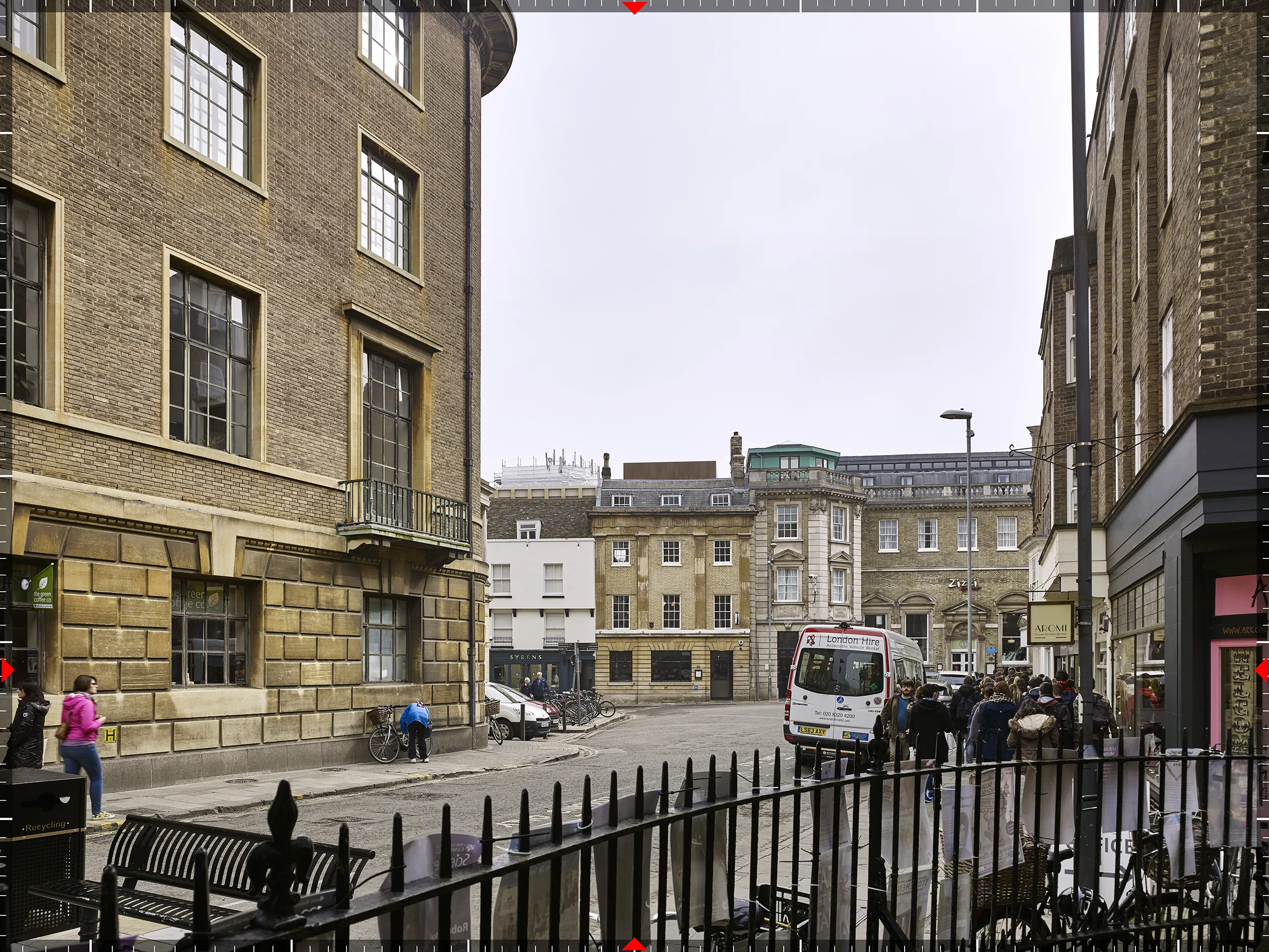 Fully rendered AVR3 verified view of the proposed Cambridge Student Services Centre from Peas Hill, Cambridge, created by Eye-Kon.
