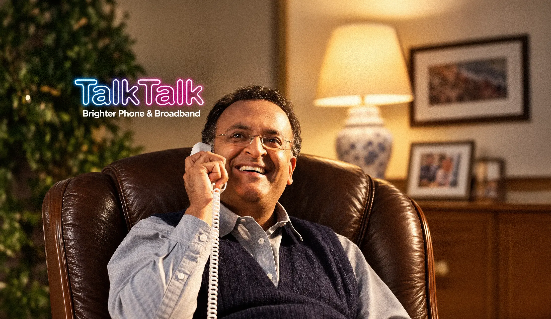Smiling South Asian man talking on landline phone at home - TalkTalk Brighter Phone and Broadband Global Boost