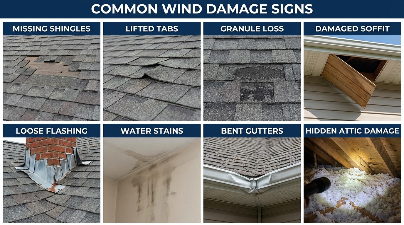 Eight signs of wind damage to roof with visual examples of missing shingles and lifted edges