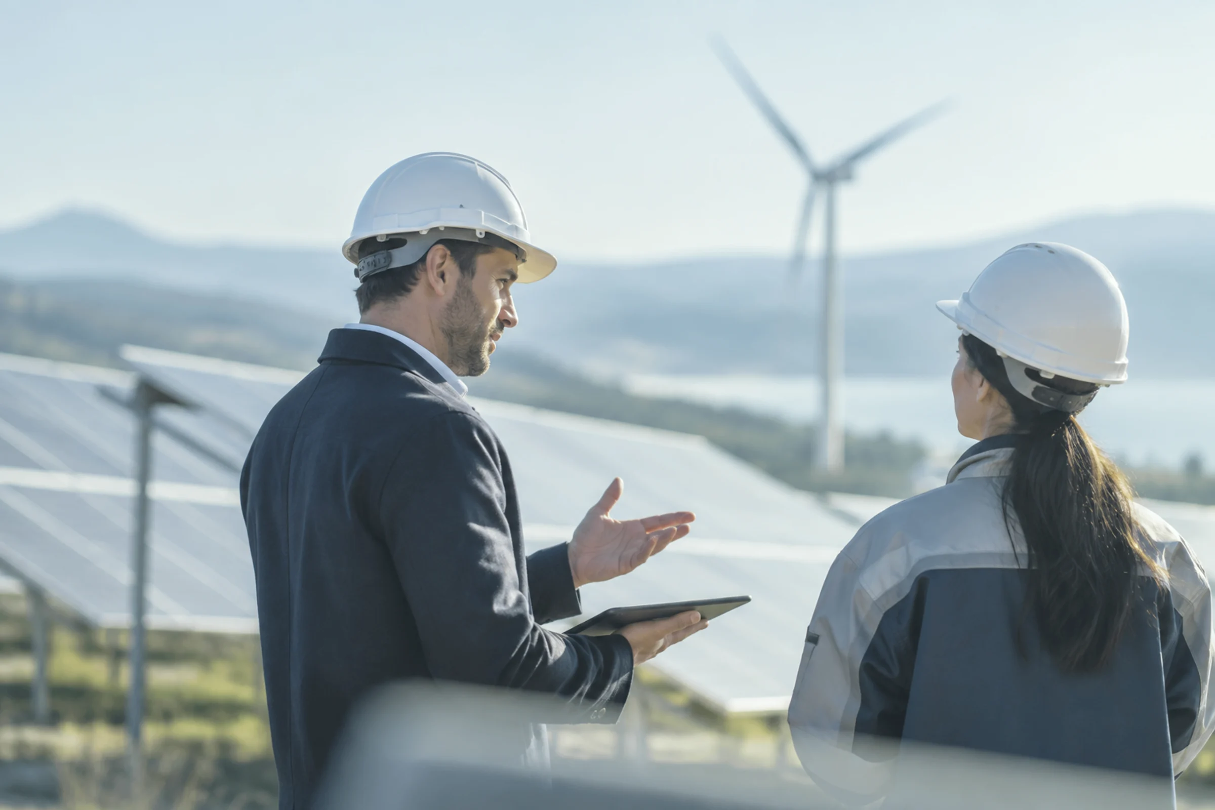 A consultant in a hard hat talking with an engineer at a solar and wind farm