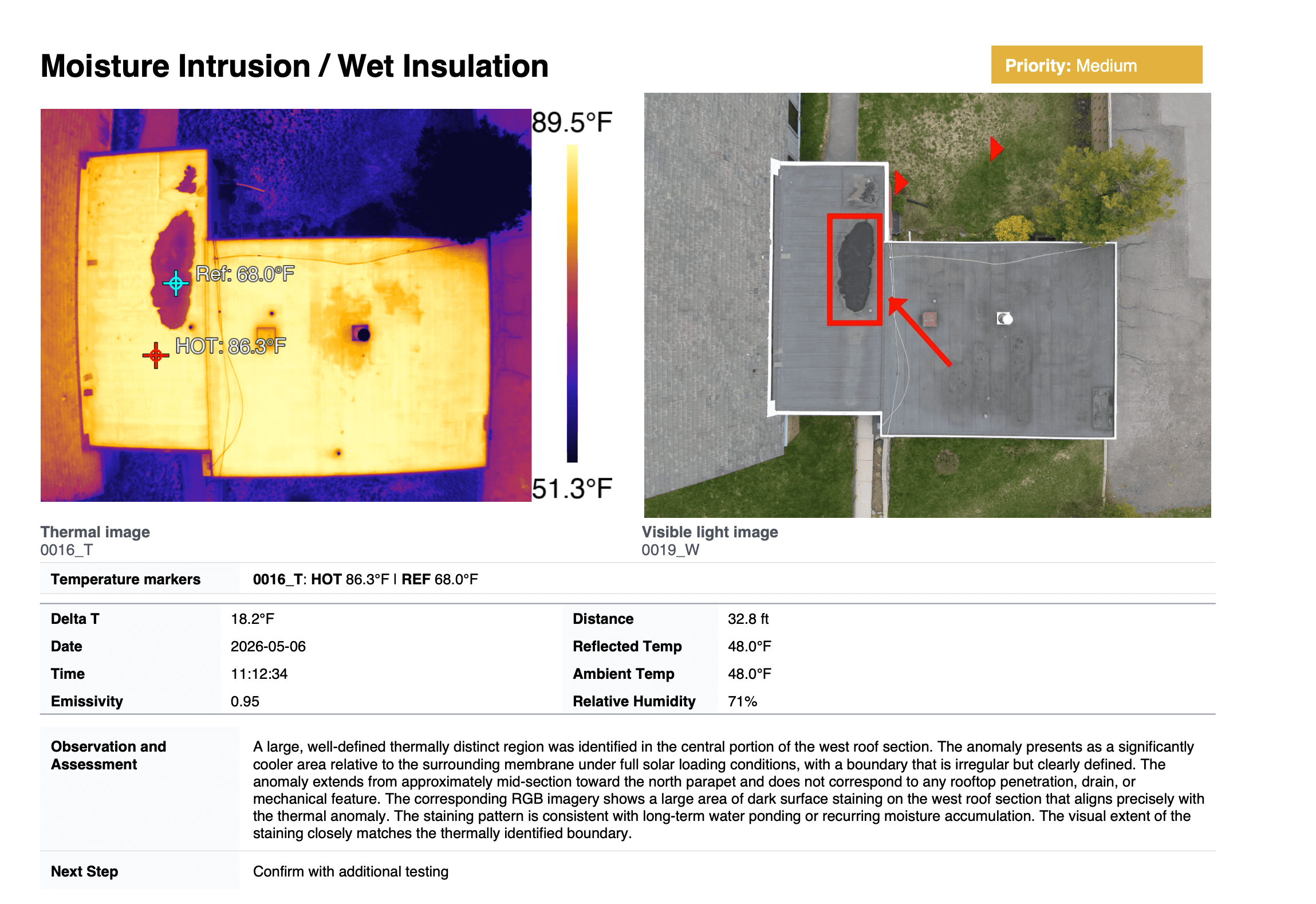 an example of a properly worded thermal inspection observation and assessment section