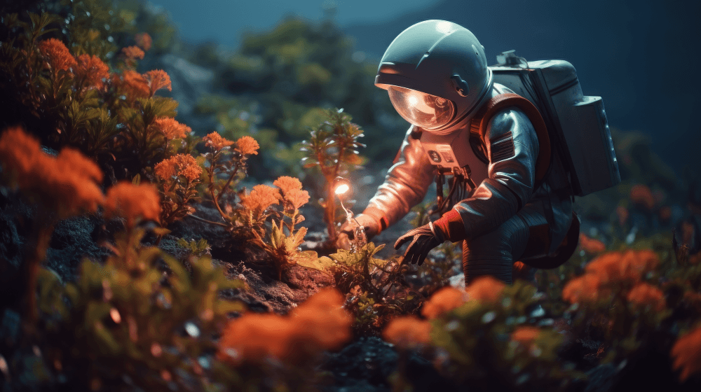 An astronaut kneeling andinspecting plants on an alien planet