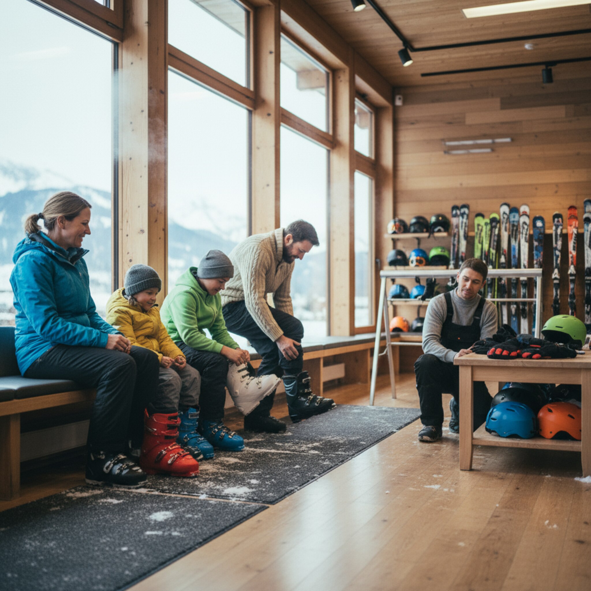 Eine Familie probiert Ski- und Snowboard-Schuhe an einer gepolsterten Sitzbank. Ein Mitarbeiter prüft die Bindung am Ski und nickt zufrieden. Helme und Handschuhe liegen geordnet bereit. Durch die Fenster fällt kaltes Berglicht, Atemwolken sind sichtbar. Die Szene wirkt herzlich, ruhig und effizient.