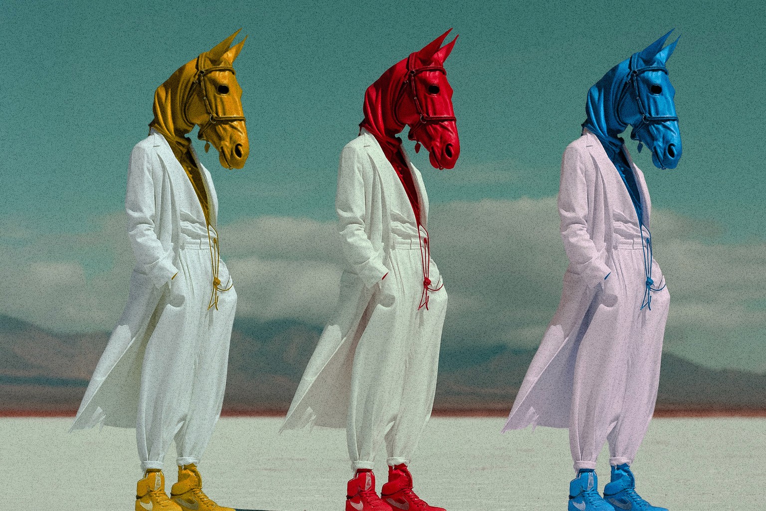 Surreal image of three figures wearing colorful horse masks and trench coats, representing Quickie Studio’s imaginative, unconventional approach to creative design and branding.