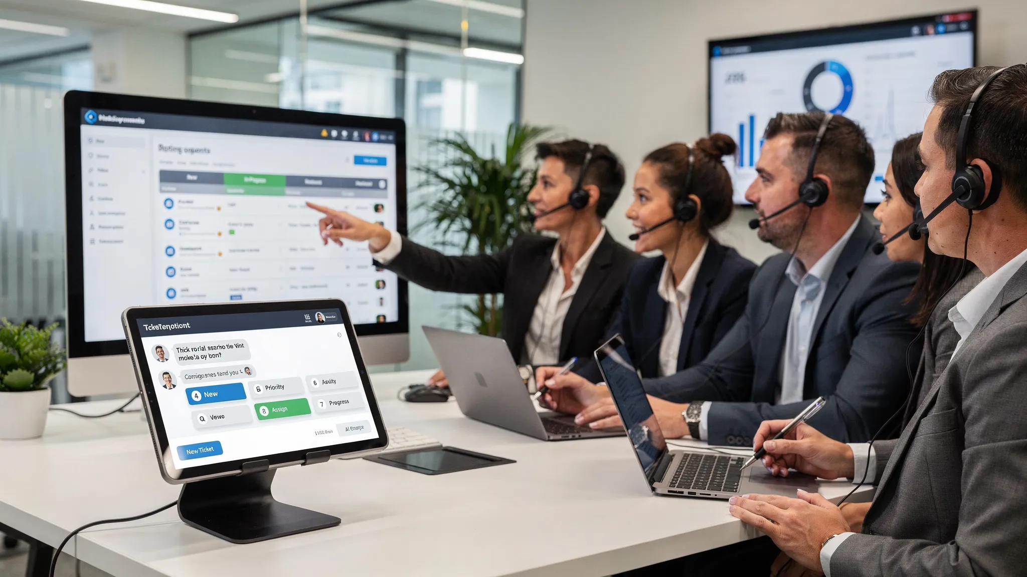 A B2B customer service team in an office setting collaborating while an AI chatbot handles initial customer inquiries on a tablet and routes structured tickets to agents, showing organized work rather than casual consumer chat.
