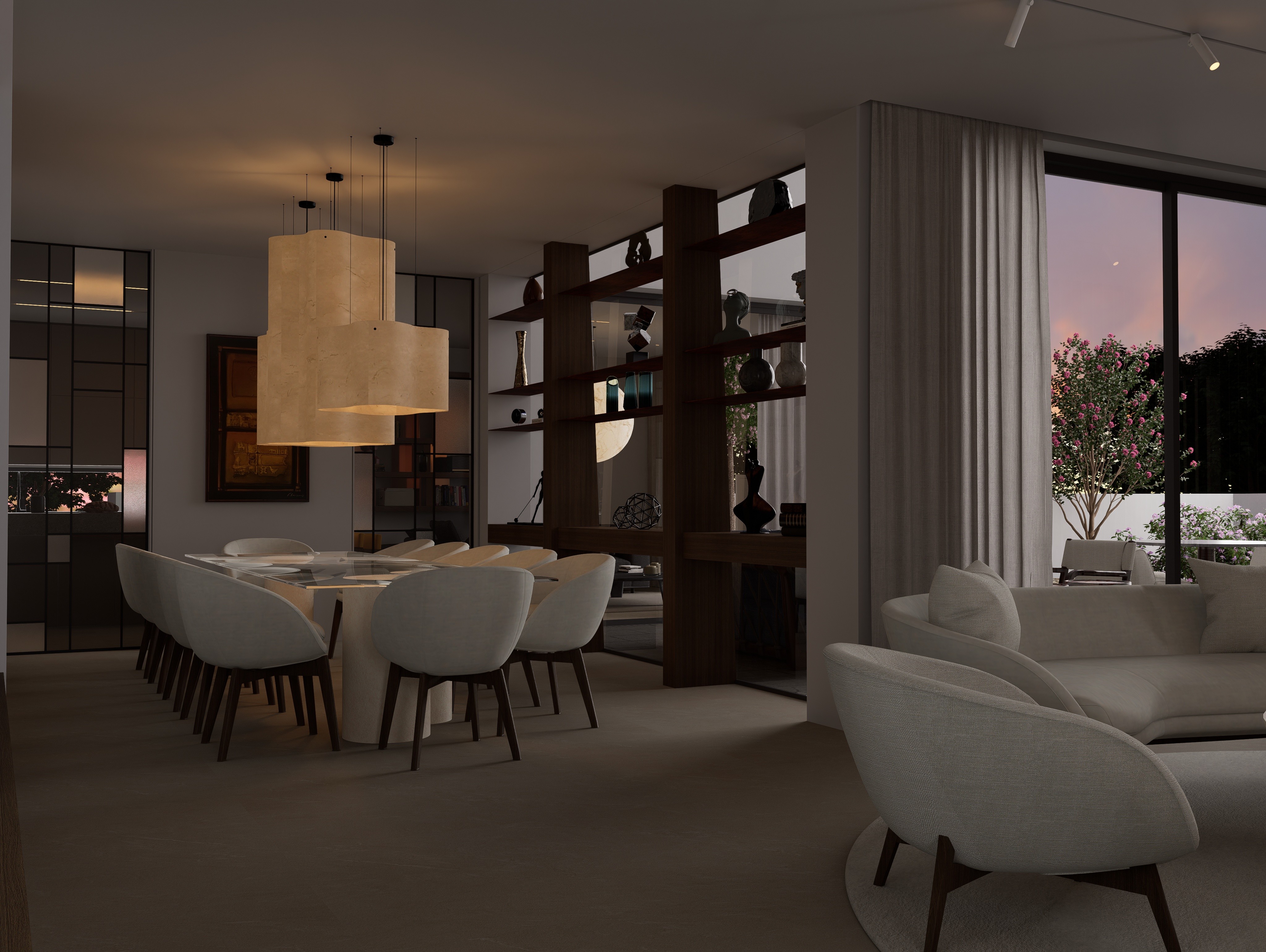 Formal dining area in Nicosia featuring a bespoke-detailed guest table and sculptural lighting, designed to dissolve the boundaries between the interior and the landscaped garden by topos design studio