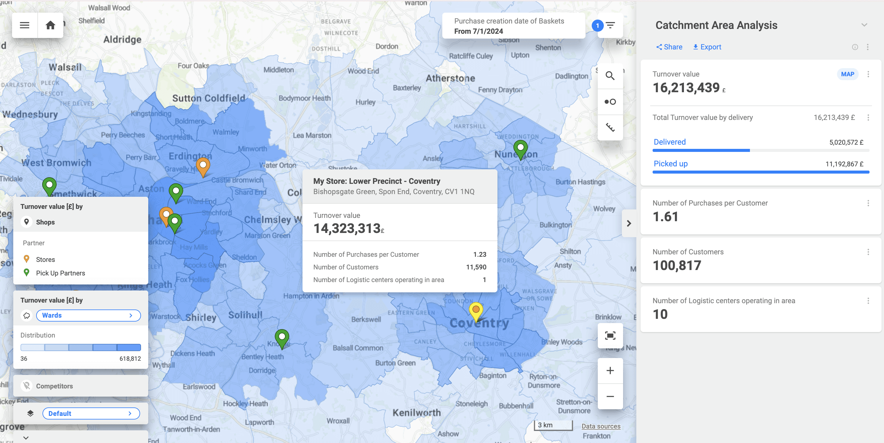 Example of Catchment Area Analysis visualized in CleverMaps Studio.