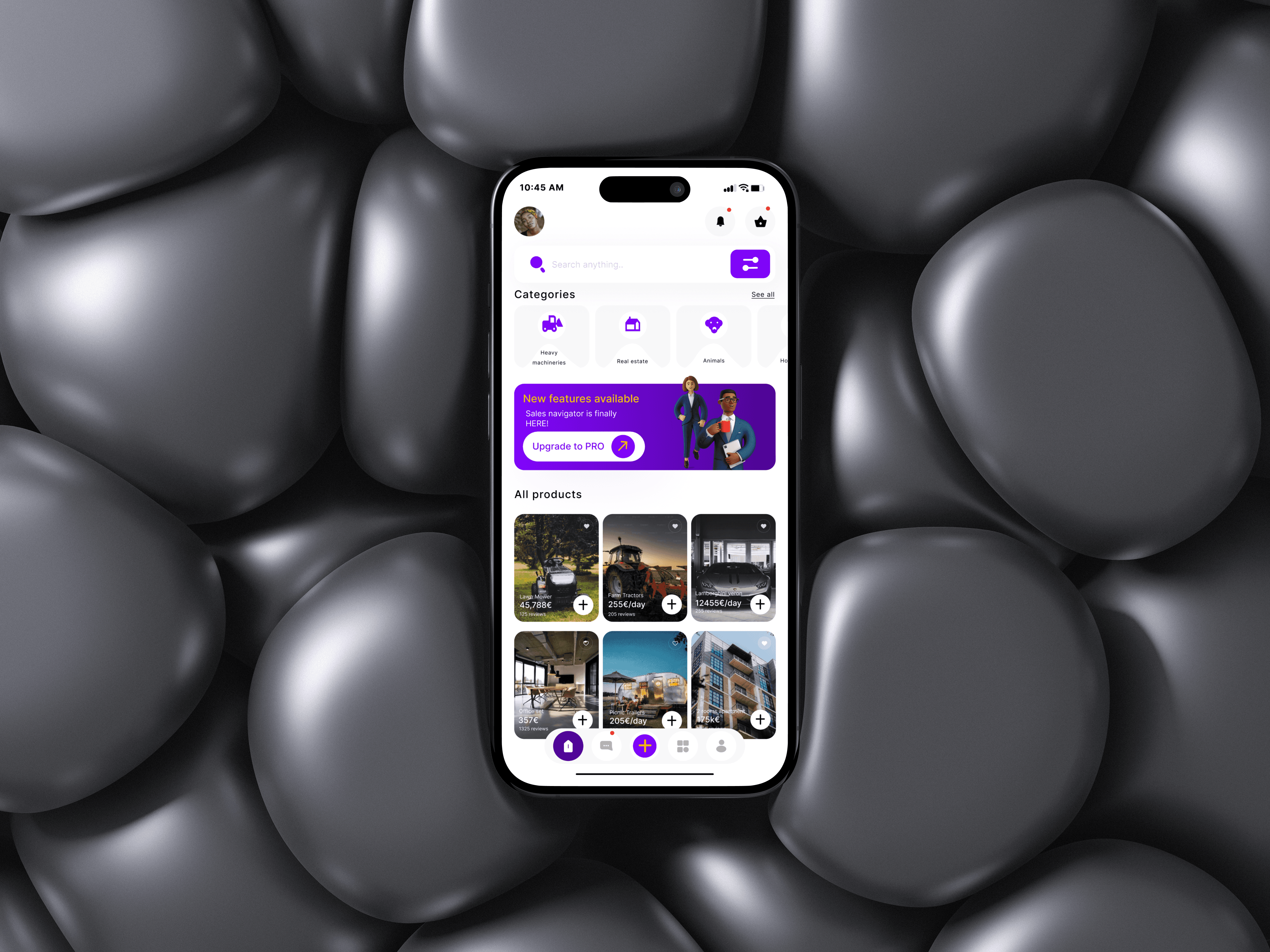 Home page where users can start buying, and/or renting their favourite items
