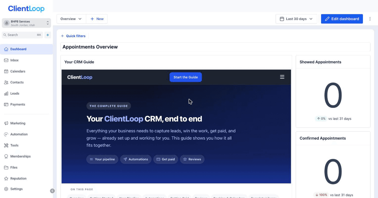 The dashboard with your stats and the built-in CRM guide