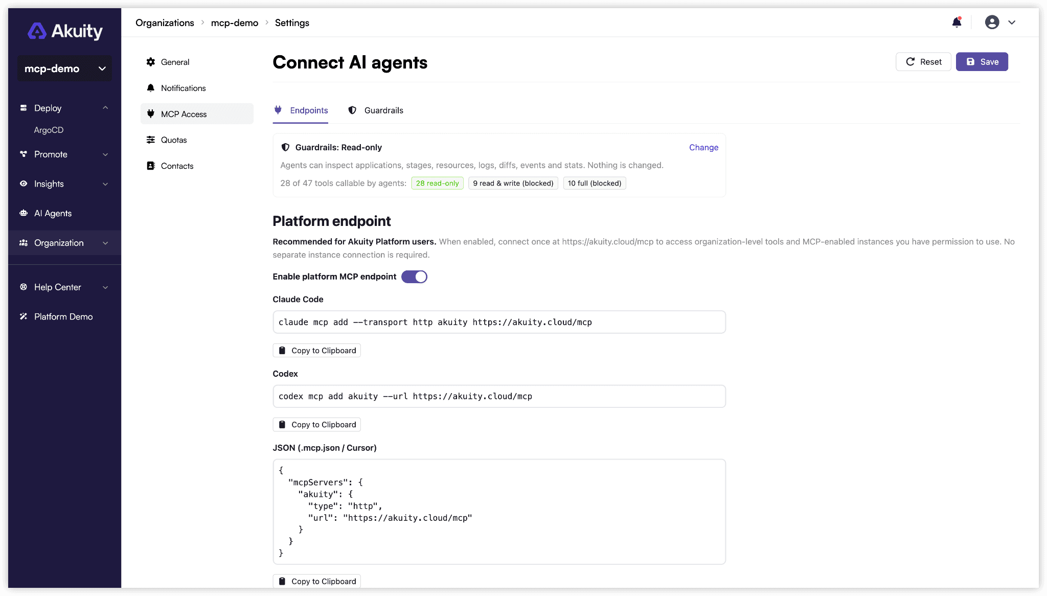 Figure 1: The Endpoints tab provides the platform connection details. The plugin below configures that connection for you.