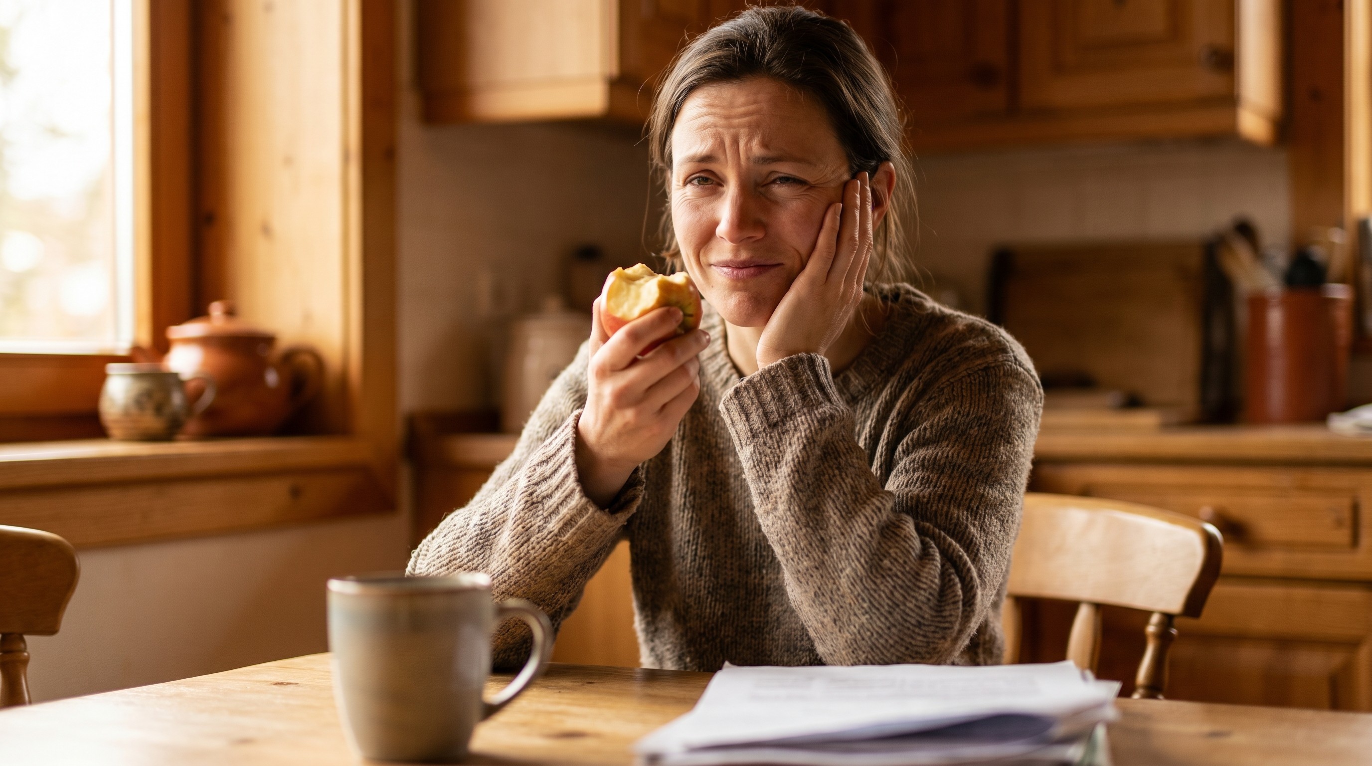 Woman pausing mid-bite of an apple at a sunlit kitchen table, hand near her cheek