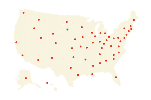 Map of the United States with red dots across it