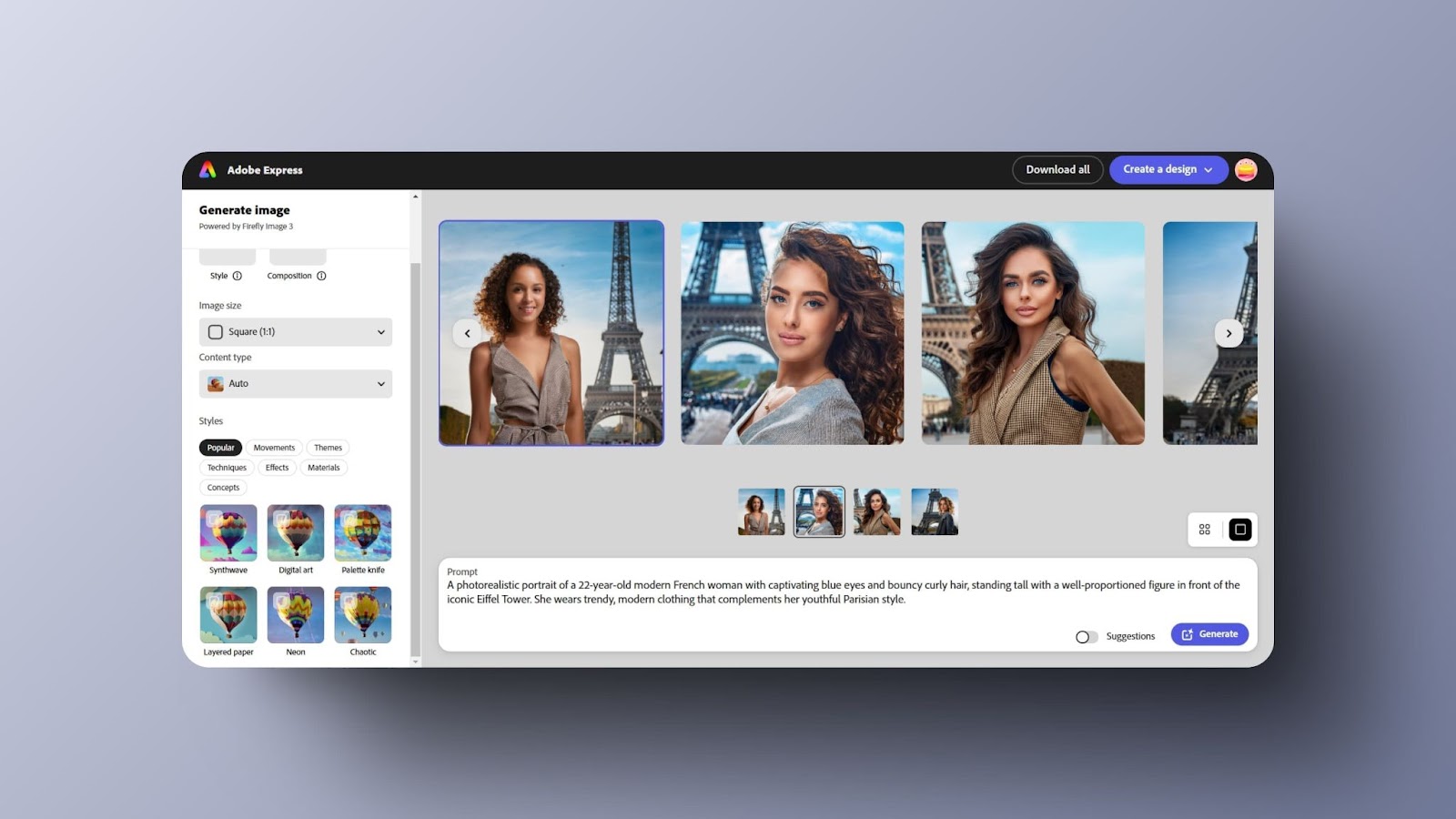 screenshot of Adobe Express AI generator displaying multiple photorealistic images of a woman in Paris with various visual styles applied 