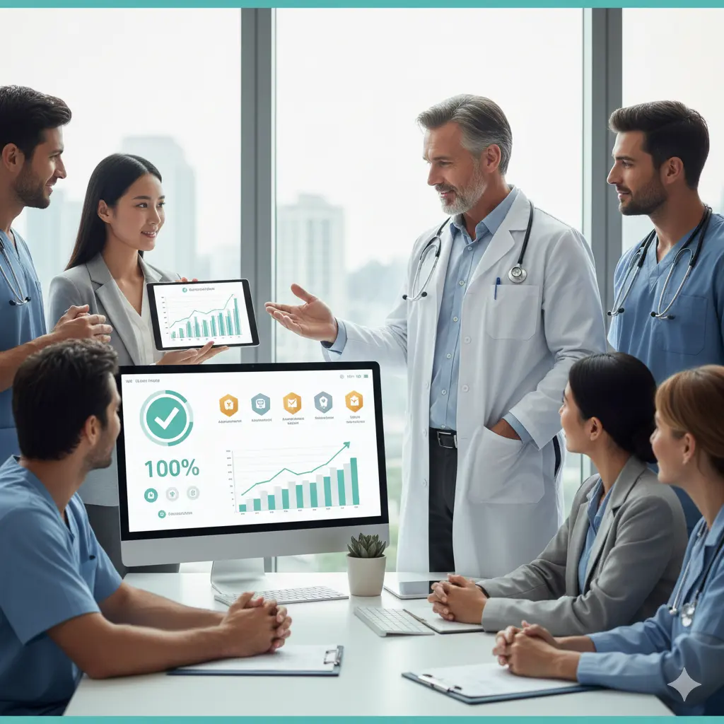 A person on his laptop in his home office. The photo angle is on the laptop where we can see a video call of a talent recruiter in his suit at his workplace office with a soft smile