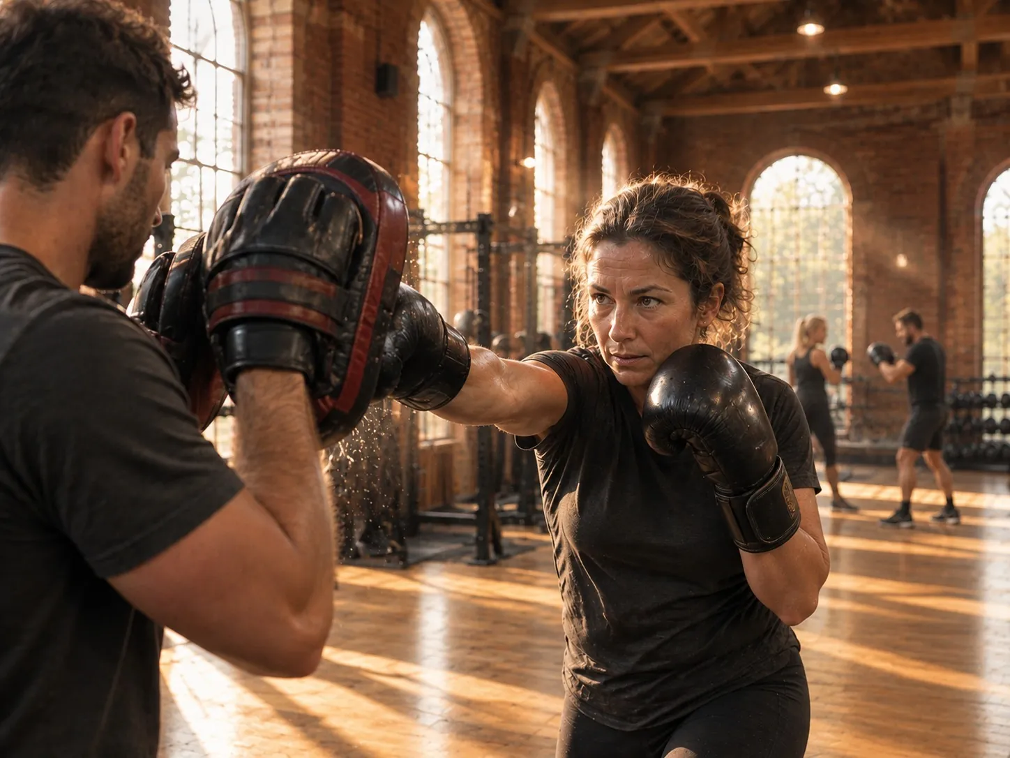 A member throwing a jab into focus mitts held by her partner in a Boxing Fit class