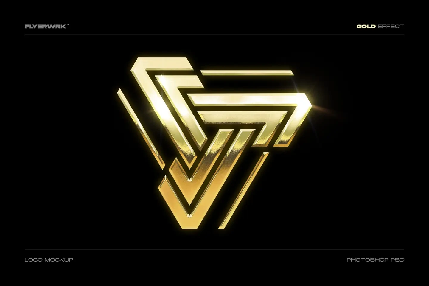 Gold Logo Mockup featuring a 3D geometric metallic emblem with realistic lens flare and shine