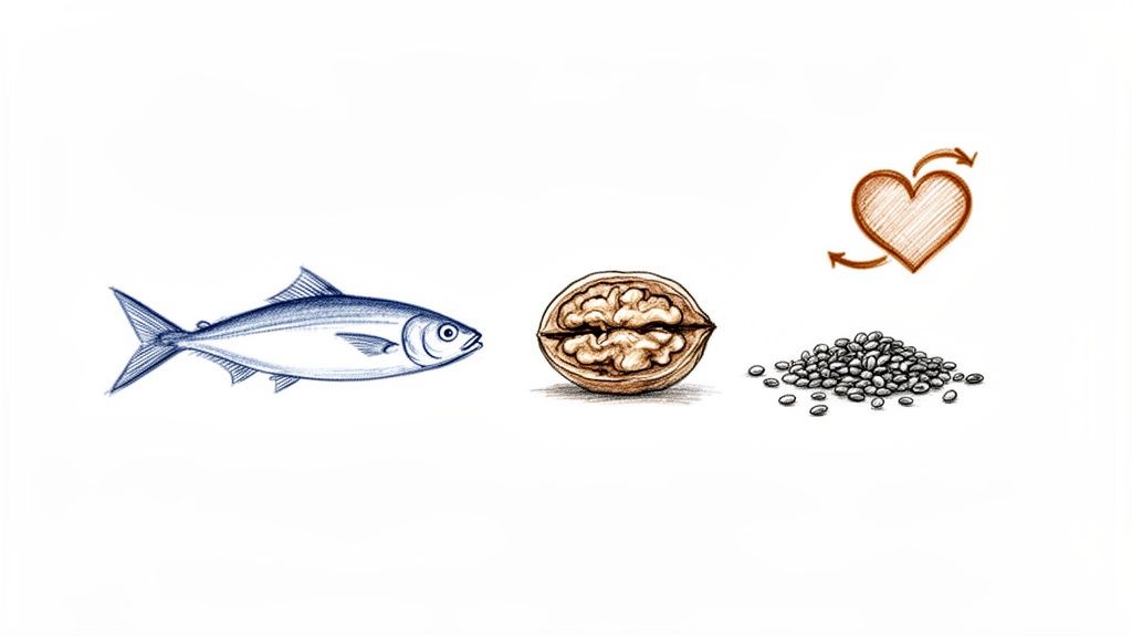 An illustration of a fish, a walnut, and a pile of seeds next to a heart icon.