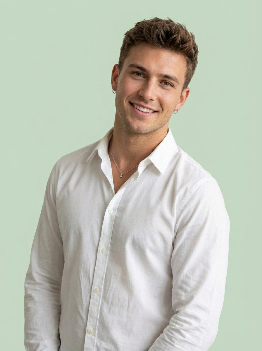 Professional headshot of a brunette woman in a white shirt, arms crossed, on a clean minimal background.