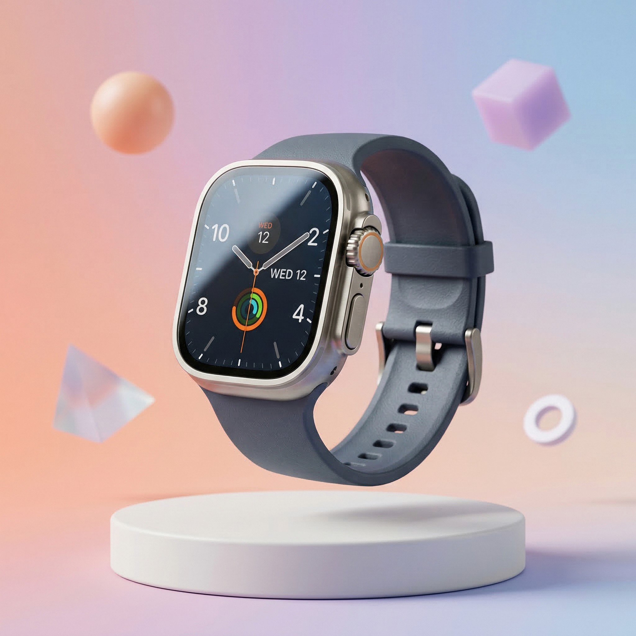 Cinematic 3D product animation render of a premium smartwatch on a white pedestal with pastel gradient background and floating geometric elements — 3D product animation services — Penguincil Design