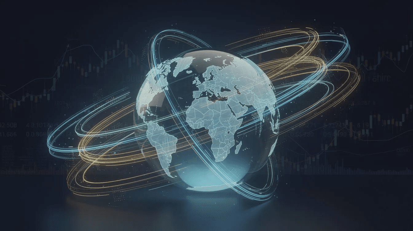 The image depicts an abstract representation of glowing data streams swirling around a three-dimensional globe, symbolizing the interconnectedness of global equity markets. This visualization reflects the investment process and systematic investing, showcasing the flow of data-driven insights that inform portfolio managers and investors in their quest for consistent performance and financial well-being.