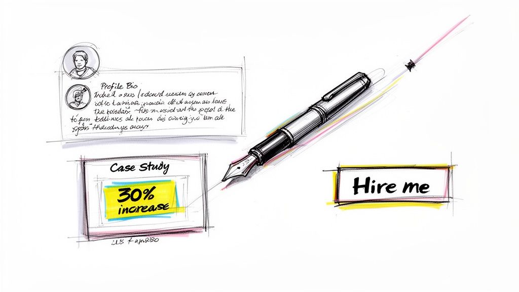 A sketch illustrating professional portfolio elements like a profile bio, case study, and 'Hire me' button.