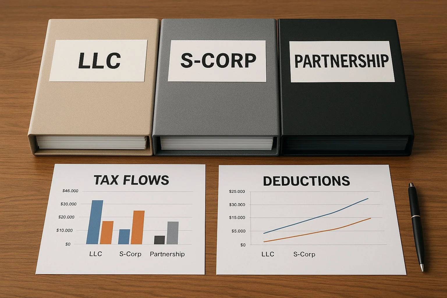 Decision table with labeled binders for LLC, S-Corp, and Partnership, surrounded by charts comparing taxes and deductions.