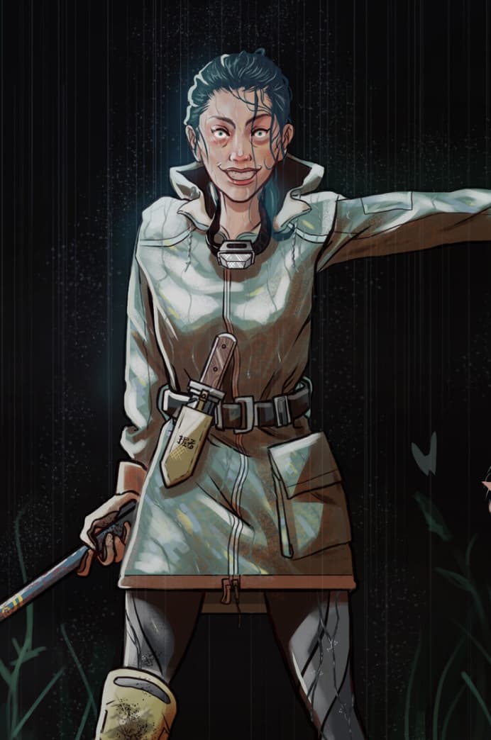 Digital illustration of woman at night in rain jacket holding scythe and unsettling potted plant