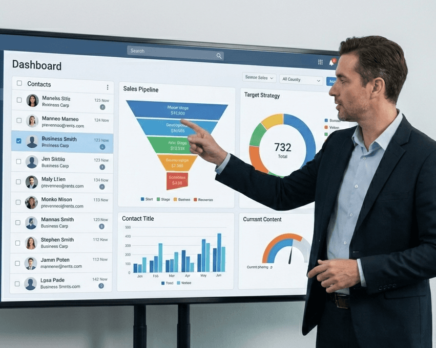  "Sales Leadership." It depicts a sales manager and their team reviewing the data from the CRM  and making strategic decisions based on the sales pipeline. This shows that automation is just the beginning of the process.