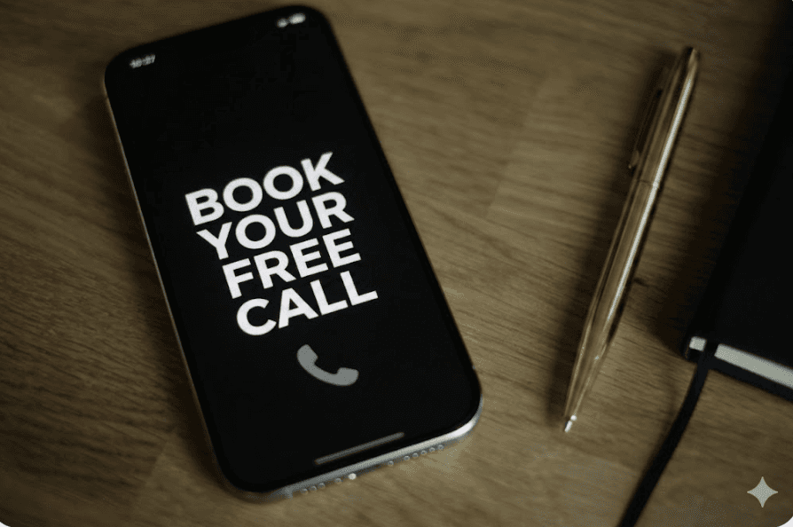 book your call phone screen, pen, and notebook on desk