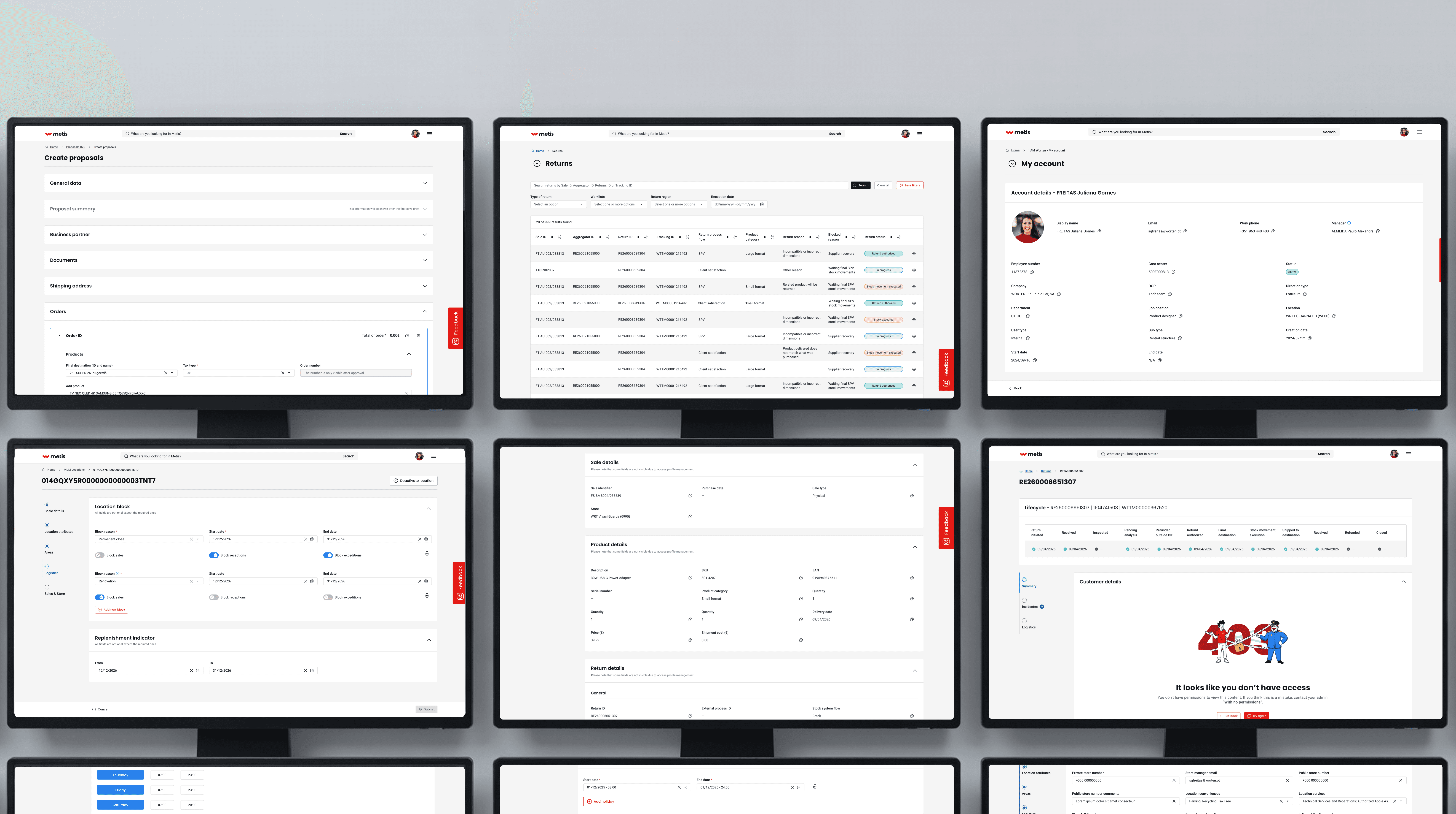 Grid of six Atlas platform screens displayed on monitors, showing the breadth of the redesigned ecosystem: Create proposals form with structured sections (General data, Proposal summary, Business partner, Documents, Shipping address, Orders), Returns list with filters and status badges, My account profile page, Location block configuration with block reason and replenishment indicator, Sale details with product information and return details, and a Returns detail page showing the full lifecycle timeline and a 403 access restriction error state. All screens built with RISE components.